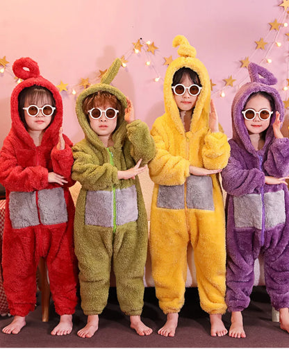Teletubbies Hooded Onesie Costume for Kids and Adults, Soft Long-Sleeve Character Jumpsuit for Cosplay, Halloween and Family Dress-Up
