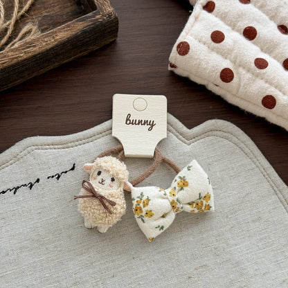 Sheep and Bow Hair Ties for Girls, 2-Piece Elastic Ponytail Holder Set with Cute Animal Detail in Beige, Coffee or Pink for Everyday Hairstyles