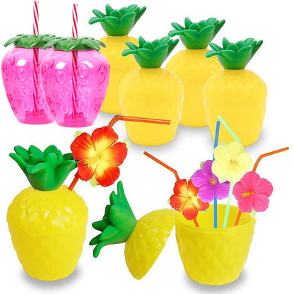 Fruit Shaped Party Cups in Pineapple, Coconut and Strawberry Designs, 6 or 10-Piece Plastic Drink Cup Sets for Luau Birthdays and Summer Celebrations
