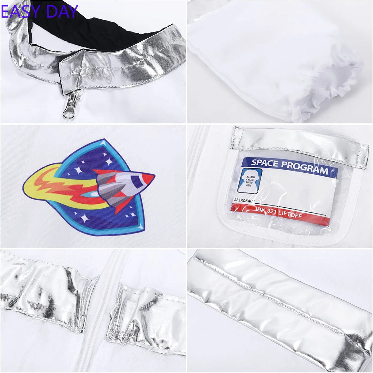 Space Explorer Costume for Kids with White Astronaut Jumpsuit, Space-Themed Patches and Metallic Trim Options for Halloween and Birthday Parties