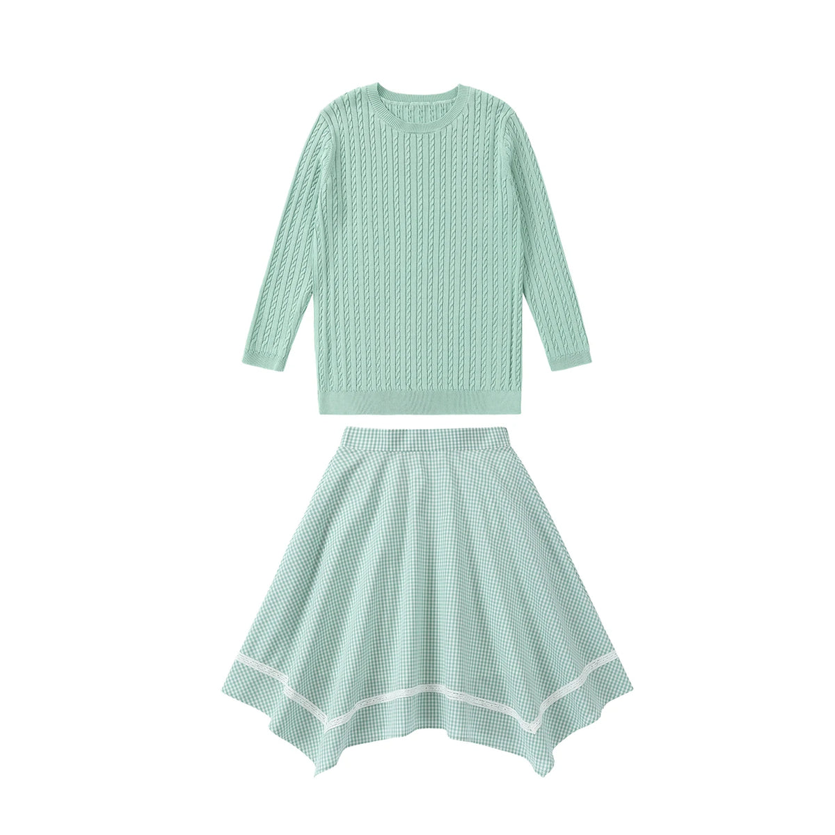 Sage Green Gingham Kids Outfits with Cotton Girls Dress and Baby Romper Options, Lyocell Knit Layers and Boys Separates for Sibling Family Photos