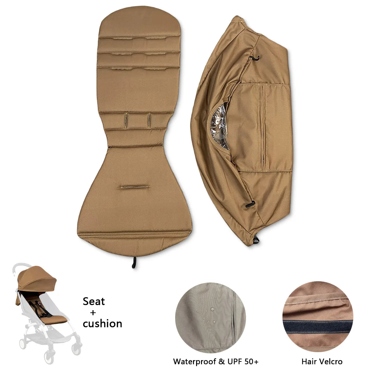 Stroller Canopy Cover and Padded Seat Set Compatible with Babyzen YOYO and YOYO2, 600D Replacement Fabric with Rear Zipper Pocket and Color Options