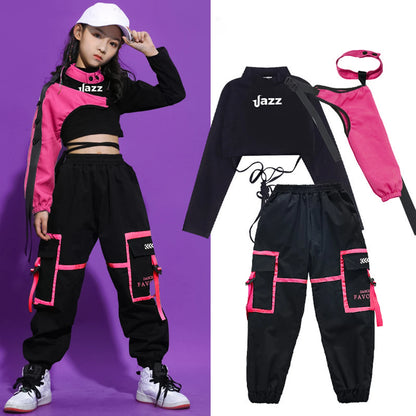 Girls Hip Hop Cargo Pants Dance Set with Crop Top and Decorative Sleeve, Three-Piece Colorblock Stage Outfit for Ages 4–16 by LOLANTA