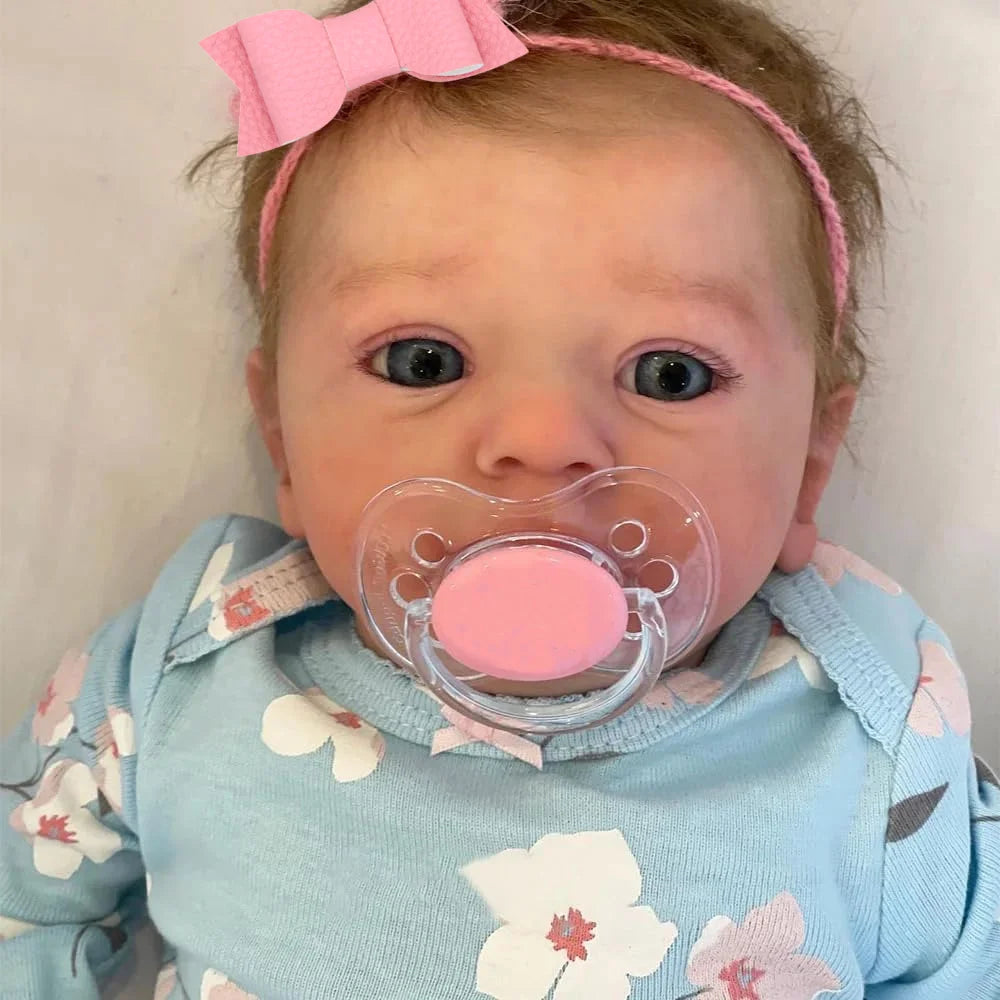 Blue Eyed Reborn Baby Doll Felicia with Hand-Rooted Hair and Soft Cloth Body, 18–19 Inch Vinyl Details, Clothes, Bottle and Random Pacifier
