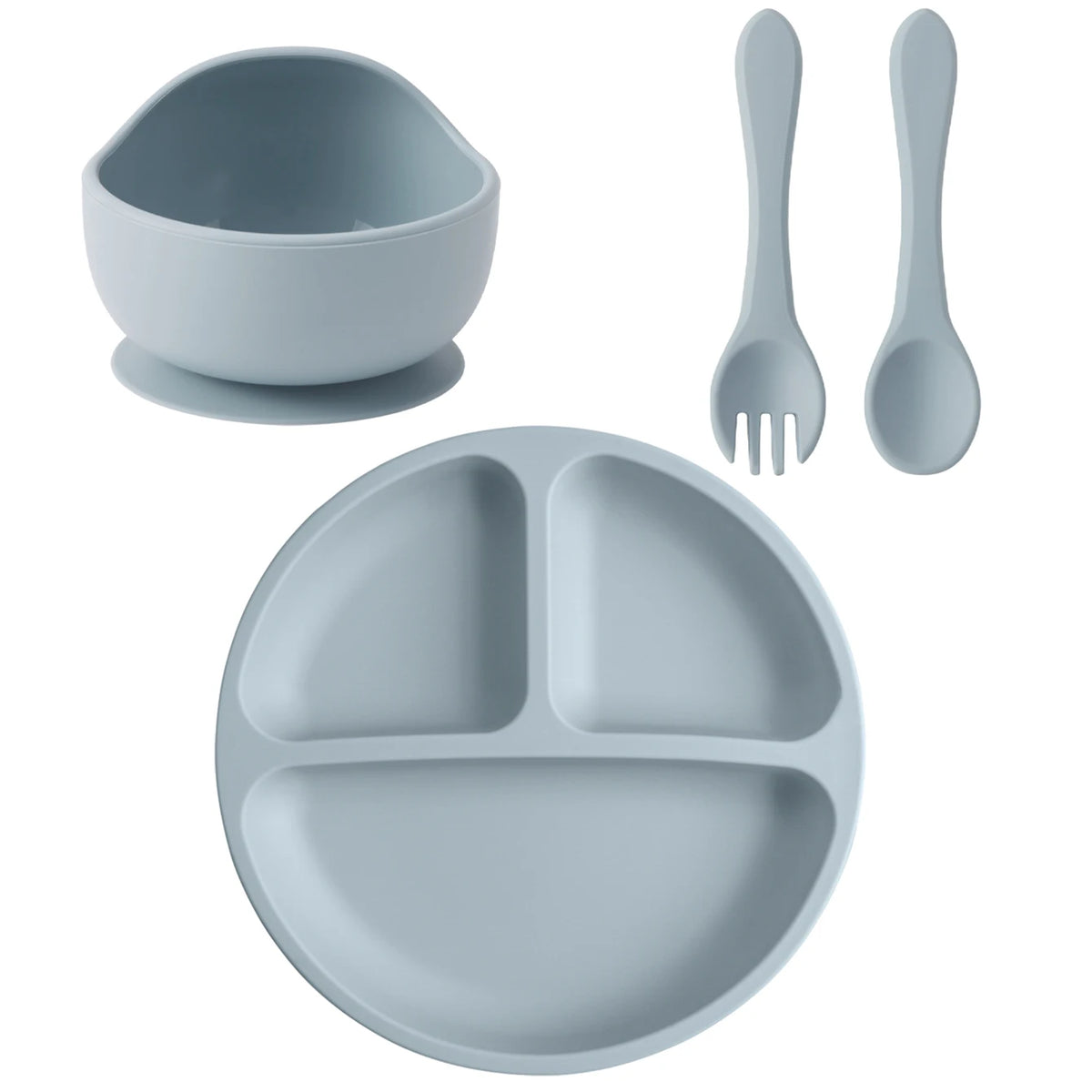 Four-Piece Silicone Baby Feeding Set with Three-Section Suction Plate, Bowl, Spoon and Fork for Supervised Toddler Meals in Ten Color Options