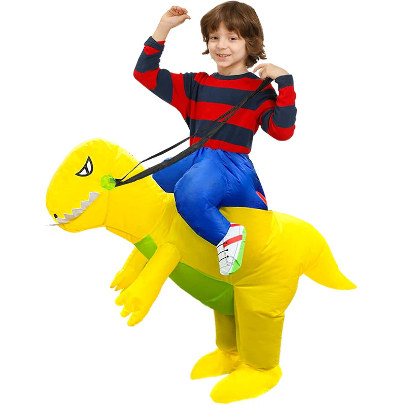 Inflatable Dinosaur Costume for Kids, Ride-On Style Dress-Up Outfit with Fan for Halloween, Birthday Parties and Holiday Cosplay