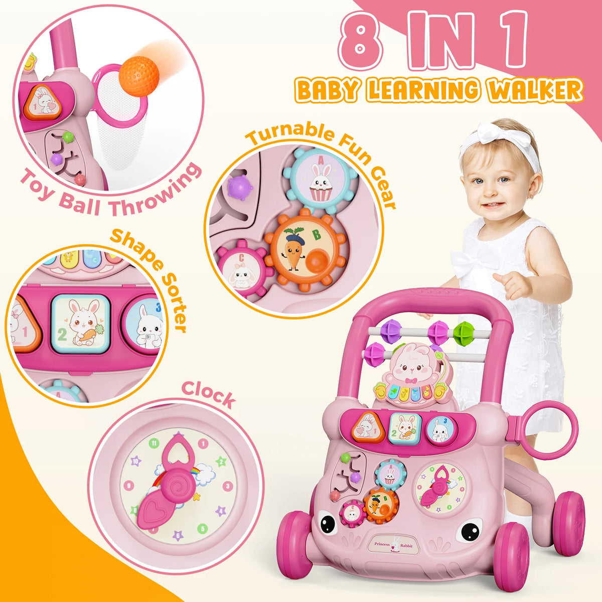 Musical Toddler Push Walker with Animal Activity Panel, Wheeled Handle Toy for Ages 18 Months and Up in Rabbit, Lion, Unicorn, Frog and Spider Styles