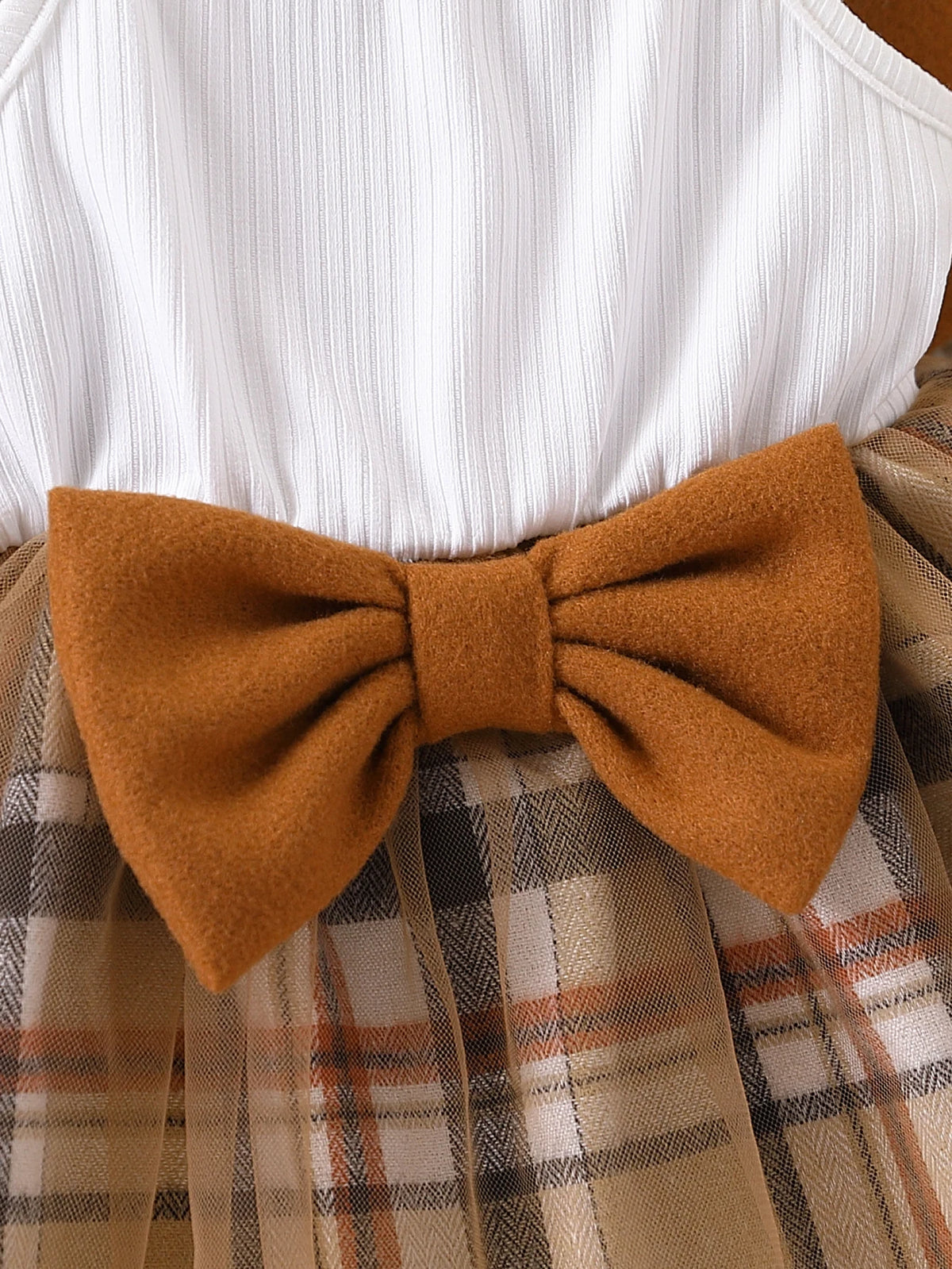 Infant Girl Plaid Tulle Dress Set with Bow Waist and Cropped Peter Pan Collar Jacket, Two-Piece Khaki Outfit for Family Photos, 0-24 Months
