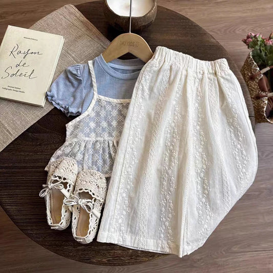 Girls Lace Overlay Outfit Set with Blue Short Sleeve Layered-Look Top and White Wide Leg Pants, Summer Clothing for Photos and Outings, 2Y-7Y