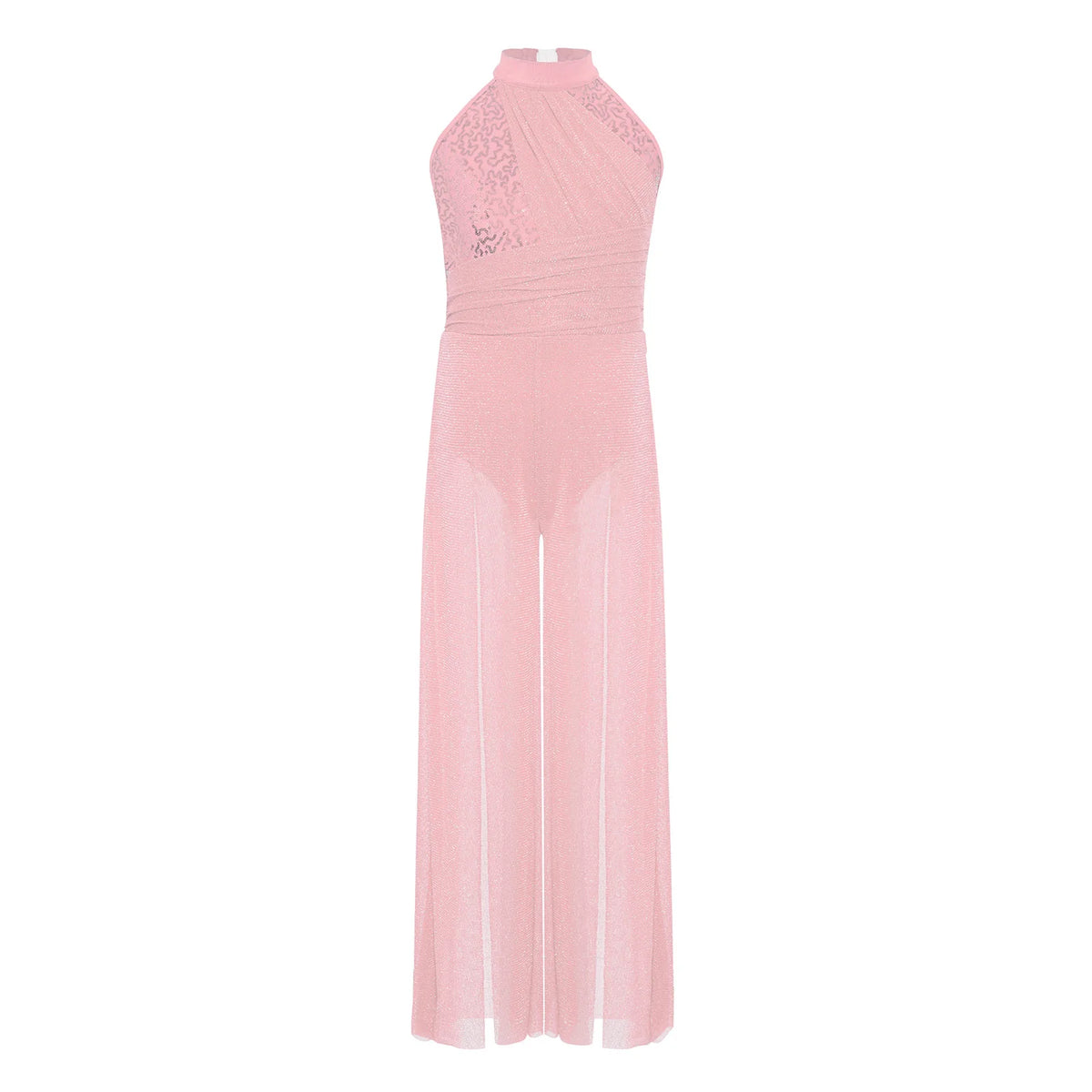 Girls Sequin Dance Jumpsuit with Split Wide-Leg Mesh, Sleeveless Mock Neck and Crisscross Back for Lyrical Recitals and Stage Performances