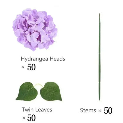 Artificial Hydrangea Flower Heads, 50-Piece Silk-Fabric Floral Set with Stem or Leaf Options for DIY Wedding Centerpieces, Baby Showers and Home Decor