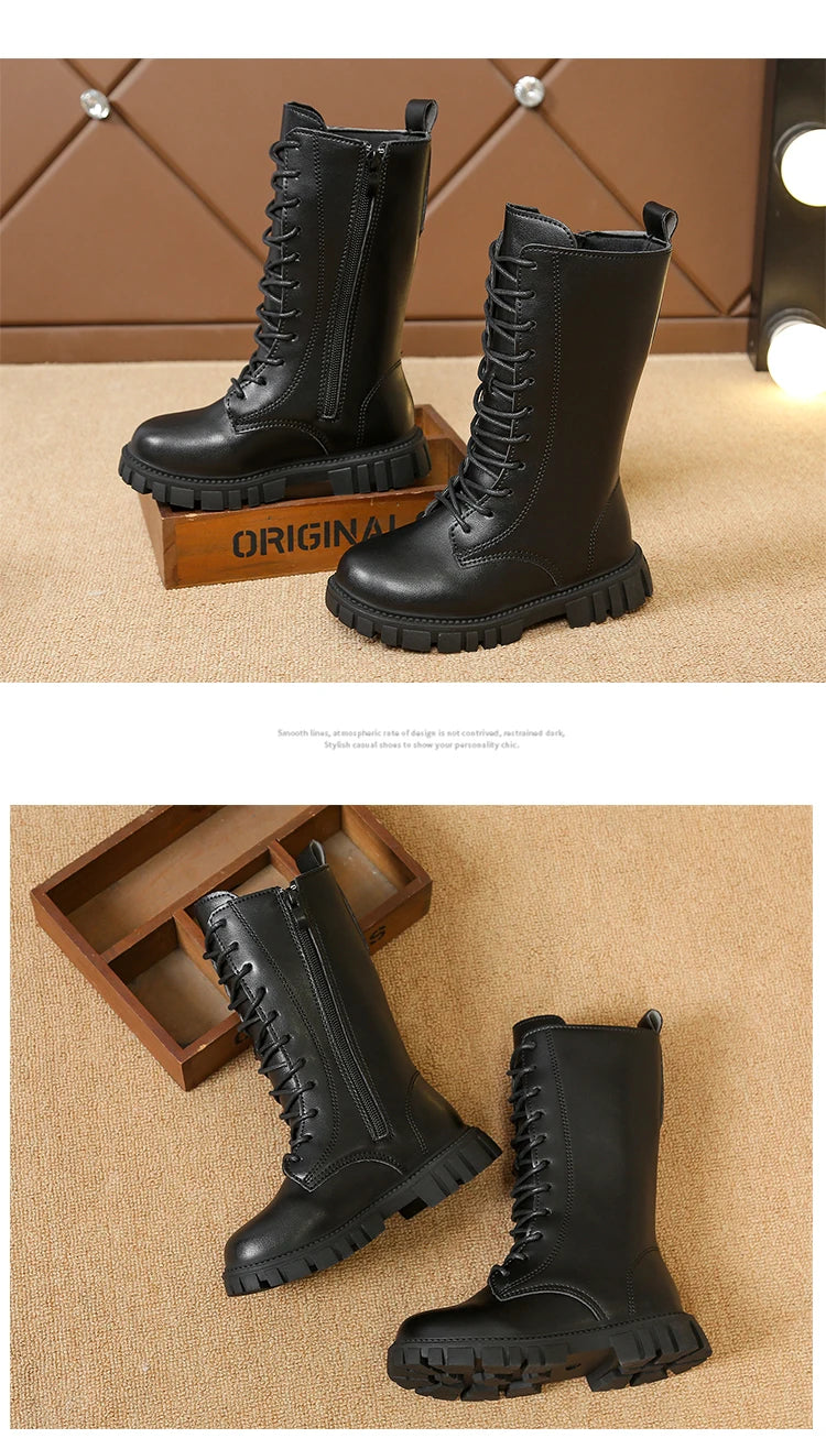 Girls Mid-Calf Lace-Up Boots with Side Zippers, Chunky Lug-Style Soles and Back Pull Tabs, Fall Winter Fashion Footwear in Sizes 27-36