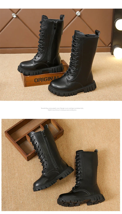 Girls Mid-Calf Lace-Up Boots with Side Zippers, Chunky Lug-Style Soles and Back Pull Tabs, Fall Winter Fashion Footwear in Sizes 27-36