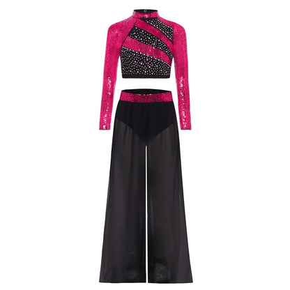 Girls Lyrical Dance Costume Set with Mock Neck Sparkle Top and Wide Leg Pants, Chiffon Overlay and Sleeveless Styles for Recitals and Stage Performances