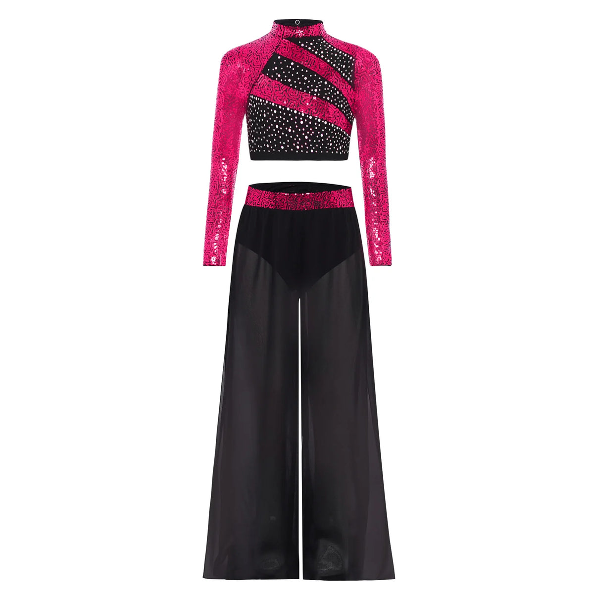 Girls Lyrical Dance Costume Set with Mock Neck Sparkle Top and Wide Leg Pants, Chiffon Overlay and Sleeveless Styles for Recitals and Stage Performances