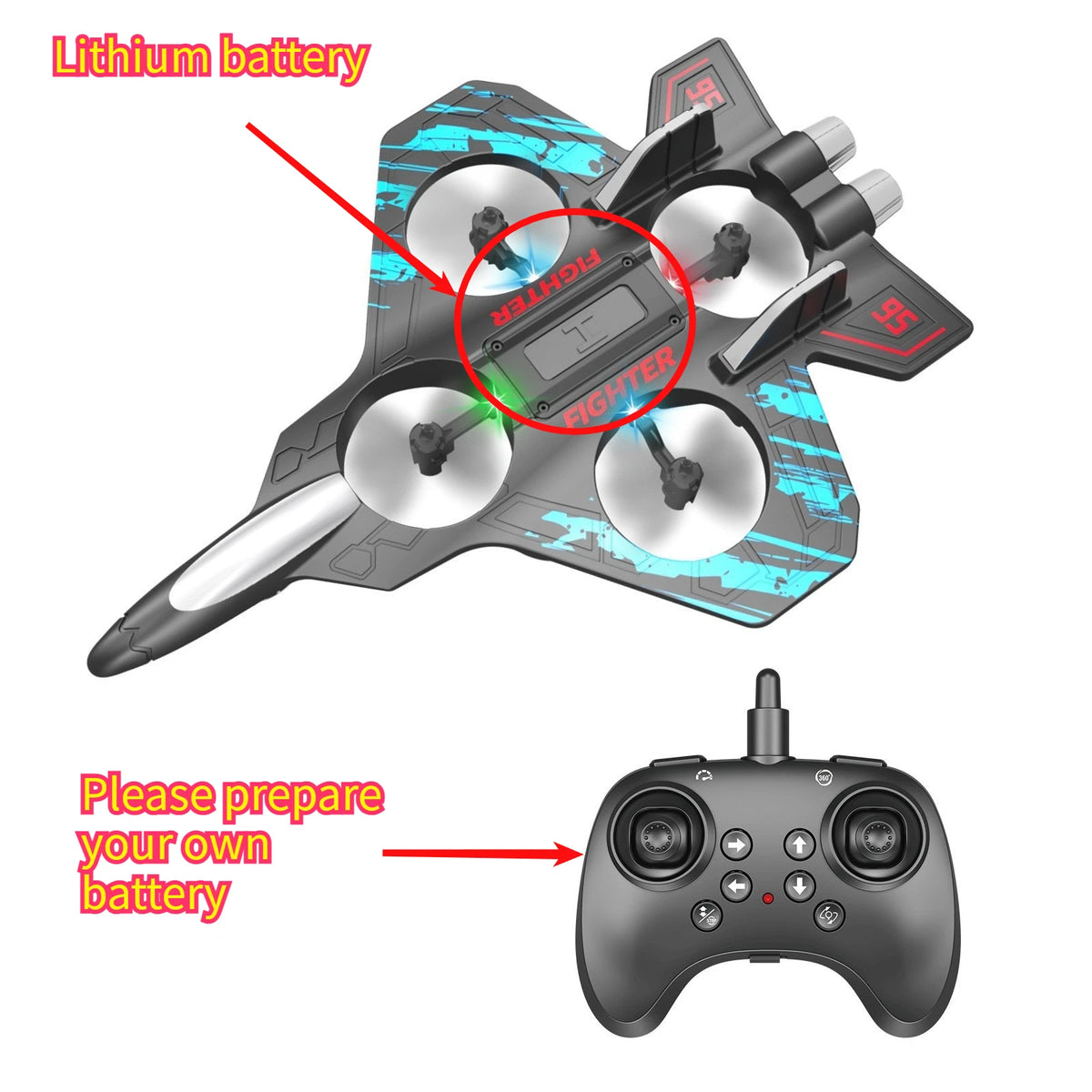 RC Fighter Drone with Lights, 2.4GHz Remote Control Foam Quadcopter in Red or Blue, Approx. 10-Minute Flight Time for Aviation Hobby Play