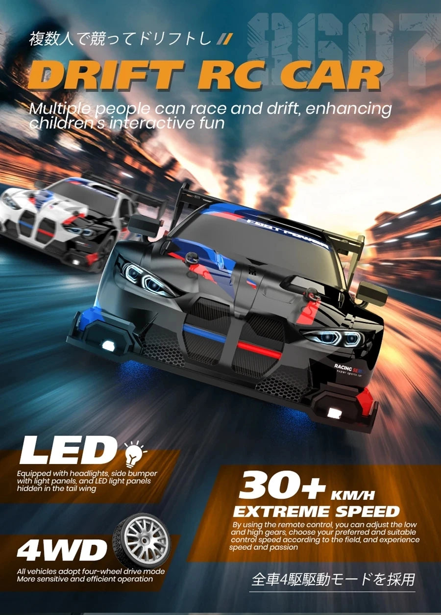 RC Drift Racing Car with 4WD, 2.4GHz Proportional Remote Control, LED Lights and Replaceable Racing and Drift Tires for Kids and Adults