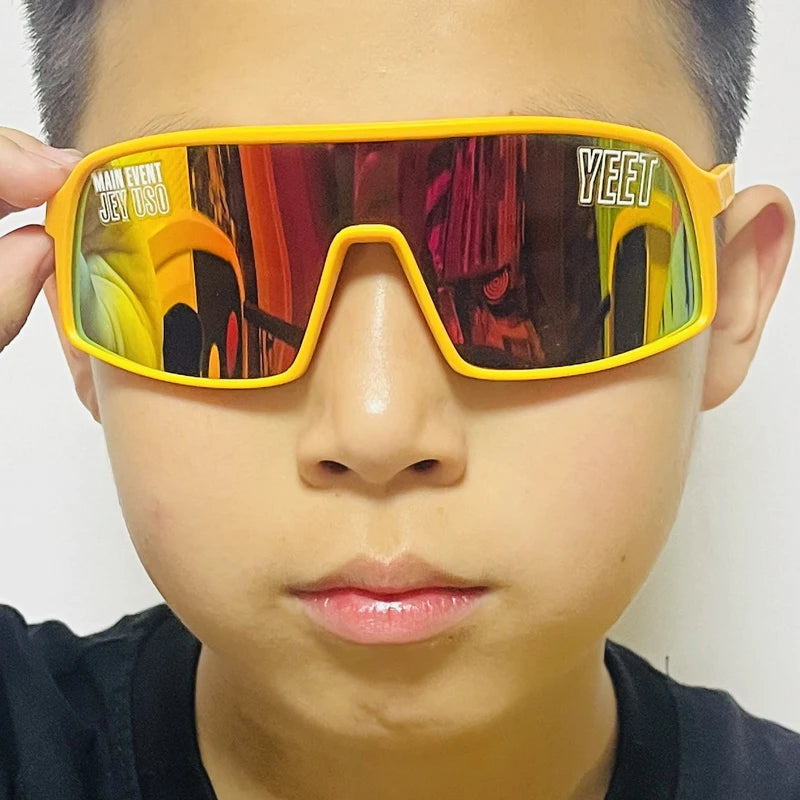 YEET Graphic Sunglasses with Jey Uso Main Event Lettering, Colorful Shield-Style Fan Shades in Children's and Adult Options for Party Outfits
