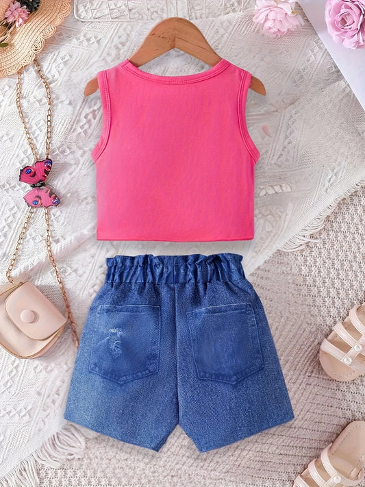 Girls Tank Top and Shorts Set with Love You Graphic, Front Tie Sleeveless Top and Blue Distressed Look Bow Waist Shorts for Summer Casual Outfits