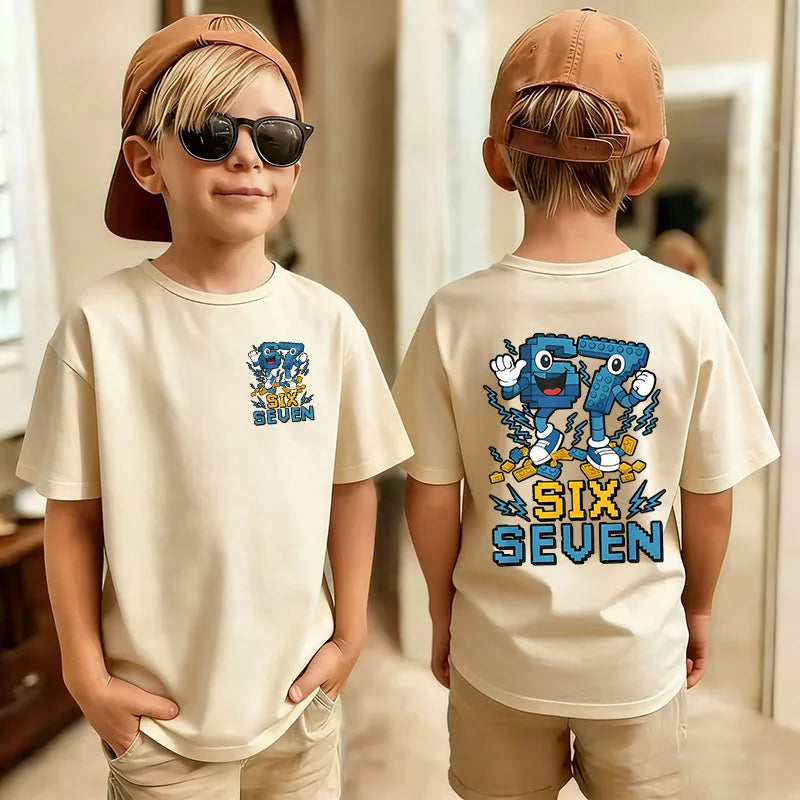 Six Seven Kids T-Shirt with Funny 67 Number Graphic, Short Sleeve Summer Top for Boys and Girls, Casual Playdate Outfits and Birthday Fan Gifts