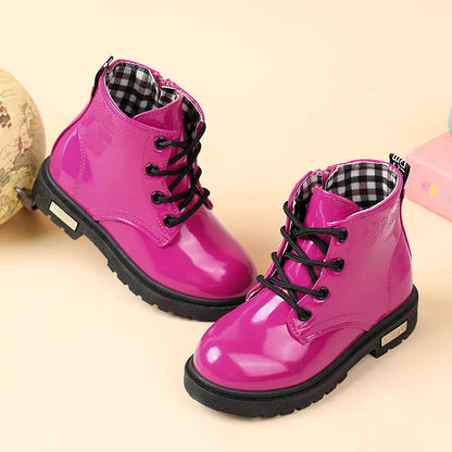 Lace-Up Kids Ankle Boots in PU Leather, Side-Zip Casual Shoes for Boys and Girls with Plush-Lined Options, Five Colors and Sizes 21-36
