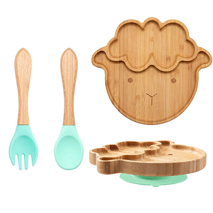 Baby Bamboo Suction Plate Set with Wooden-Handle Spoon and Fork, 3-Piece Cartoon Dinnerware with Divided Elephant Design for Toddler Meals