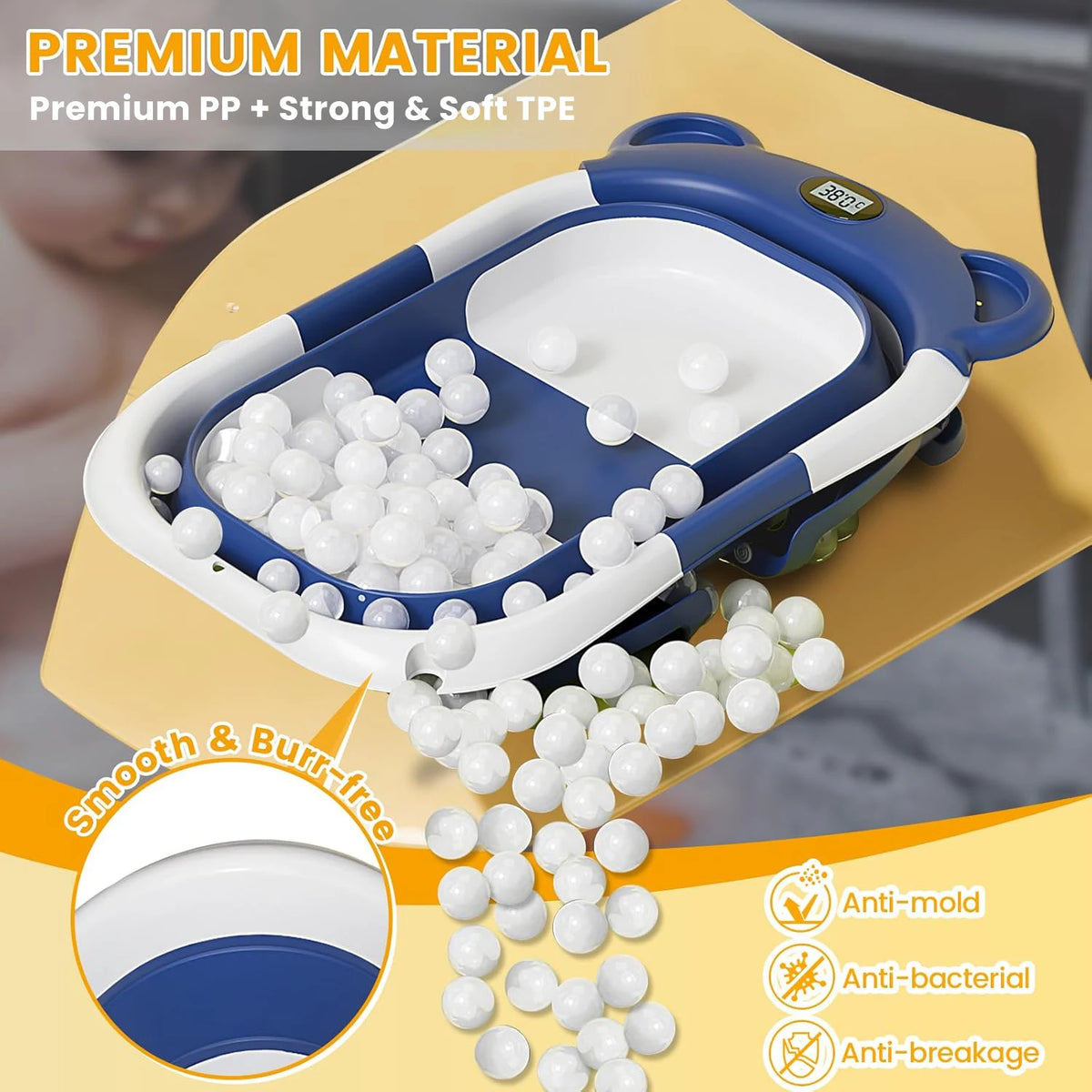 Travel Baby Bathtub with Thermometer and Soft Floating Cushion, Collapsible PP and TPE Bath Tub with Drain Plug for Supervised Infant and Toddler Bathing
