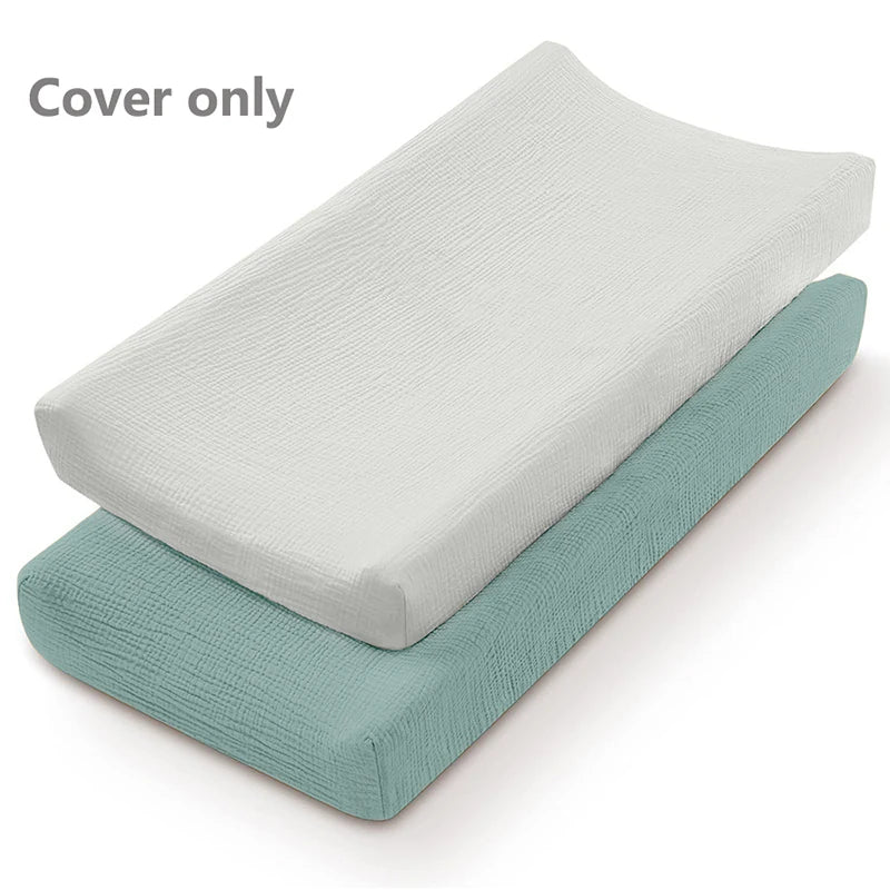 Muslin Cotton Changing Pad Covers 2-Pack with Elastic Edges, Double-Layer Baby Diaper Mat Covers for Newborn Nursery Care and Baby Shower Gifts