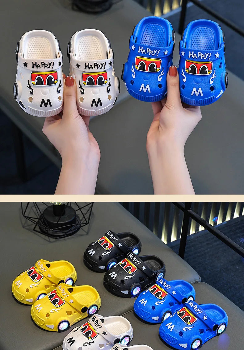 Kids Light-Up Car Clogs with Glowing Wheel Details, Ventilated Closed-Toe Design and Pivoting Heel Strap for Playful Summer Casual Outfits