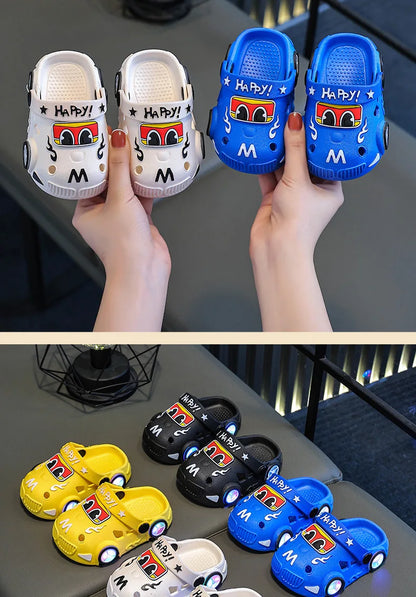 Kids Light-Up Car Clogs with Glowing Wheel Details, Ventilated Closed-Toe Design and Pivoting Heel Strap for Playful Summer Casual Outfits
