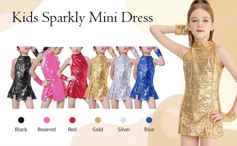 Girls Sequin Jazz Dance Costume with Sleeveless A-Line Dress, Shorts, Socks and Wristbands, Sparkly Hip Hop Stage Outfit for Ages 4-12