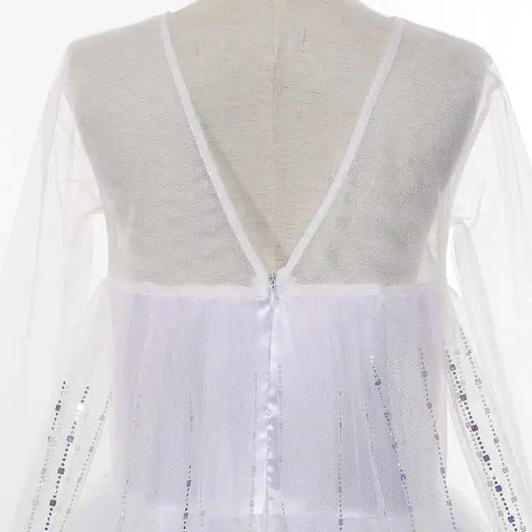 White Snowflake Princess Dress for Girls with Sheer Long Sleeves and Flowing Mesh Skirt, Snow Queen Costume for Birthdays and Halloween