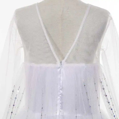 White Snowflake Princess Dress for Girls with Sheer Long Sleeves and Flowing Mesh Skirt, Snow Queen Costume for Birthdays and Halloween