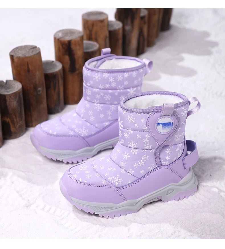 Snowflake Print Kids Winter Boots with Padded Shafts, Pull Tabs and Chunky Tread Soles, Pink Snow-Style Footwear for Boys and Girls