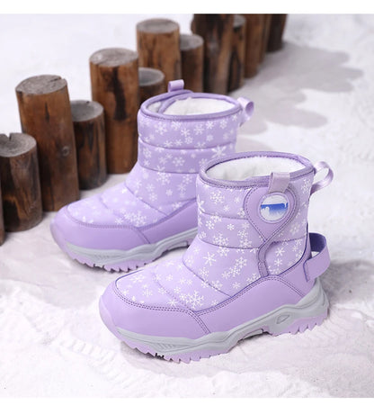 Snowflake Print Kids Winter Boots with Padded Shafts, Pull Tabs and Chunky Tread Soles, Pink Snow-Style Footwear for Boys and Girls