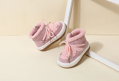 Toddler Plush Ankle Boots with Lace-Up Front, Rubber Soles and Fluffy Trim for Boys and Girls, Beige Black or Pink Cool-Weather Shoes