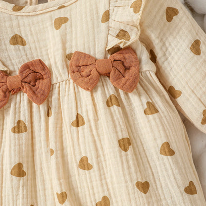 Baby Girl Heart Print Romper with Shoulder Ruffles and Bow Details, Long Sleeve Cotton Jumpsuit with Inner-Leg Snaps, Sizes 0-6 Months