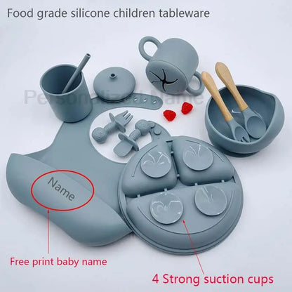 Nine-Piece Personalized Silicone Feeding Set with Suction Bowl, Divided Plate, Pocket Bib, Cups and Utensils for Supervised Baby Mealtimes