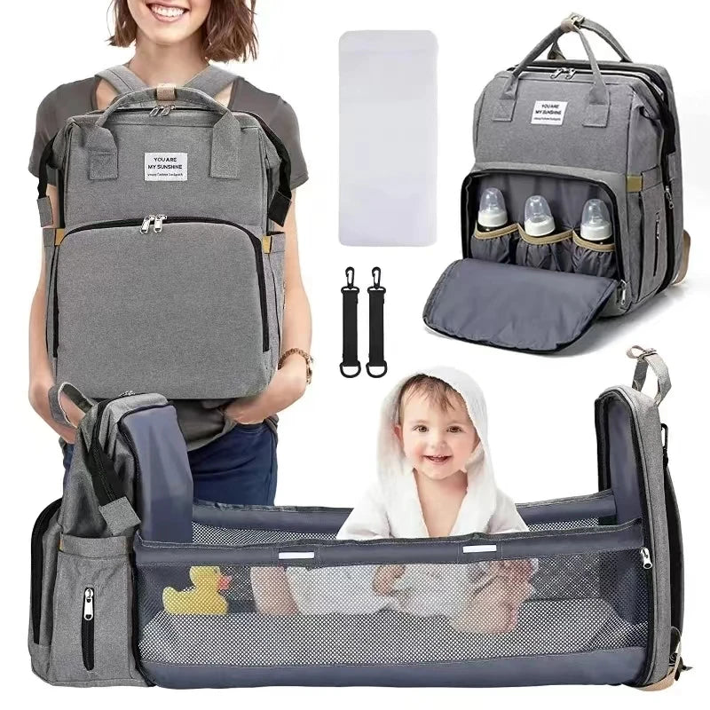 Diaper Backpack with Three Insulated Bottle Pockets and Fold-Out Changing Station, Multi-Pocket Baby Supply Bag for Moms and Dads on Everyday Outings