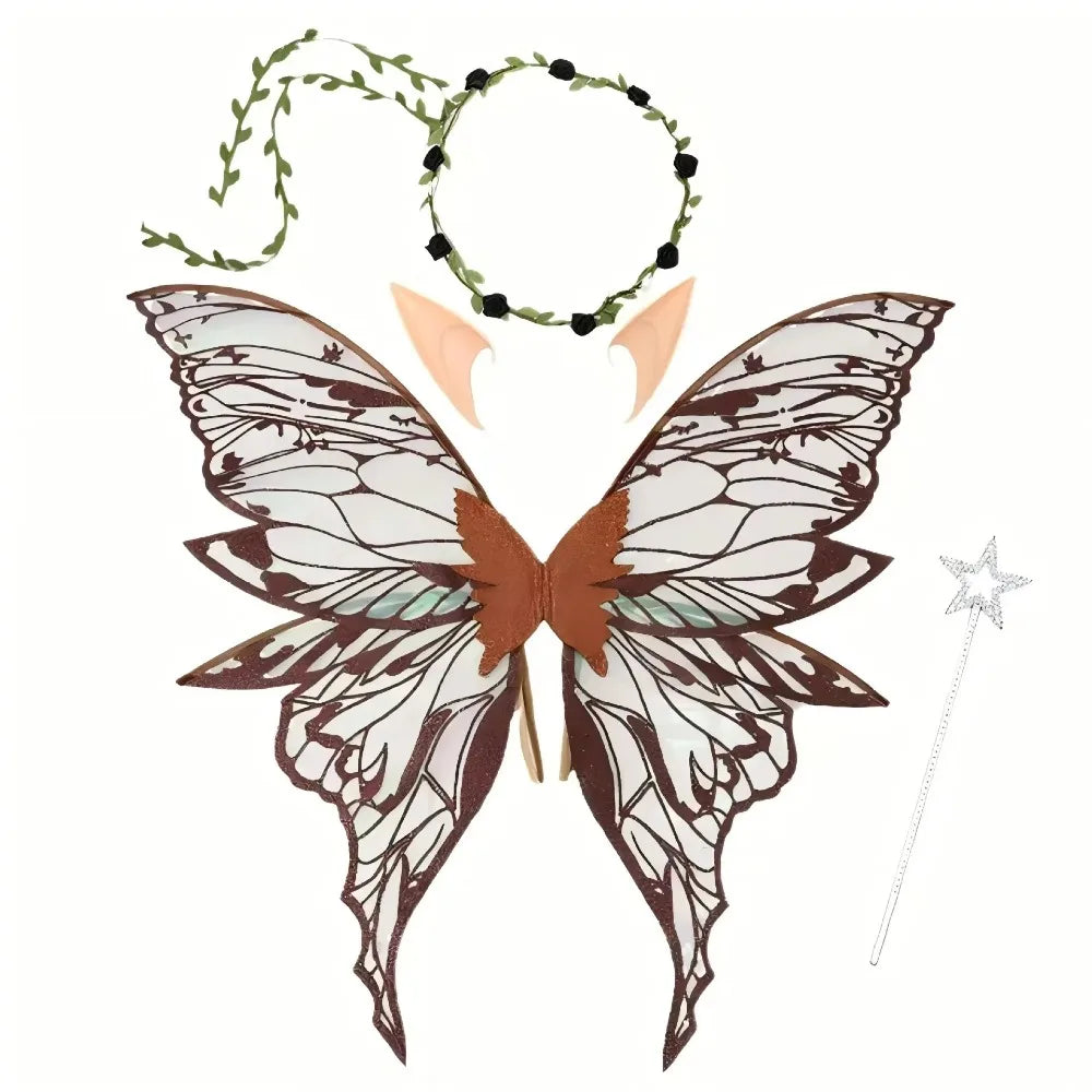Fairy Wings Costume Set with Organza Butterfly Wings, Elf Ears, Floral Wreath and Star Wand for Halloween, Fantasy Parties and Dress-Up