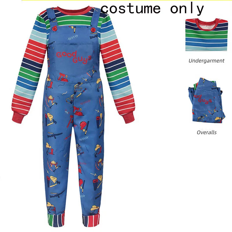Chucky Halloween Costume Set with Multicolor Striped Shirt and Blue Printed Overalls for Kids and Adults, Cosplay and Costume Parties