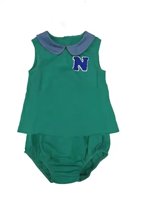 Green Polo Kids Outfits with Navy Letter Patch, Coordinating Girls Dresses, Boys Shirts and Shorts and Baby Girl Set Styles for Family Photos