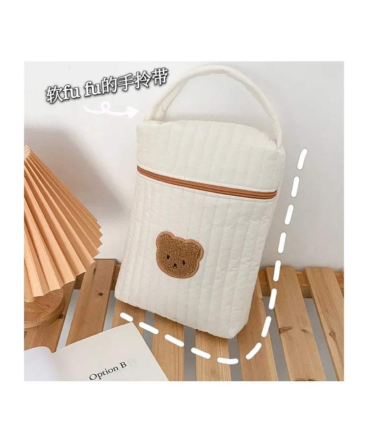 Quilted Diaper Bag with Bear Applique, Beige Cotton Zippered Baby Essentials Organizer with Carry Handle for Moms and Everyday Outings