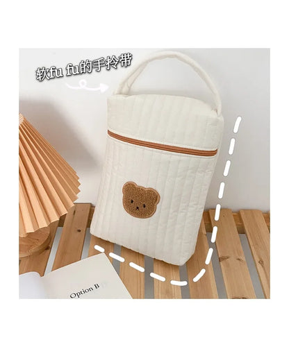 Quilted Diaper Bag with Bear Applique, Beige Cotton Zippered Baby Essentials Organizer with Carry Handle for Moms and Everyday Outings
