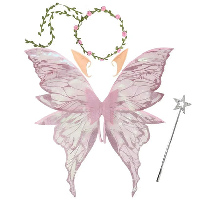 Fairy Wings Costume Set with Organza Butterfly Wings, Elf Ears, Floral Wreath and Star Wand for Halloween, Fantasy Parties and Dress-Up