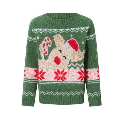 Reindeer Family Christmas Sweaters in Red or Green, Matching Mom Dad and Kids Long Sleeve Crewneck Pullovers for Holiday Photos and Parties