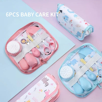 6-Piece Baby Care Kit with Animal-Print Portable Bag, Hair Brush, Comb, Nail Clipper, File, Scissors and Nasal Aspirator for Home and Travel