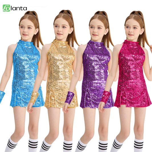 Girls Sequin Jazz Dance Costume with Sleeveless A-Line Dress, Shorts, Socks and Wristbands, Sparkly Hip Hop Stage Outfit for Ages 4-12