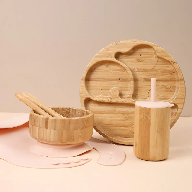 Bamboo Baby Tableware Set with Animal Plate Designs, Bowl, Cup and Wooden-Handle Utensil Options for Supervised Infant and Toddler Mealtimes