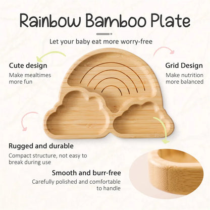 Bamboo Baby Suction Bowl and Tableware Options, Sun, Cloud and Dinosaur Designs with Single-Piece or 3-Piece Wooden-Handle Utensil Sets